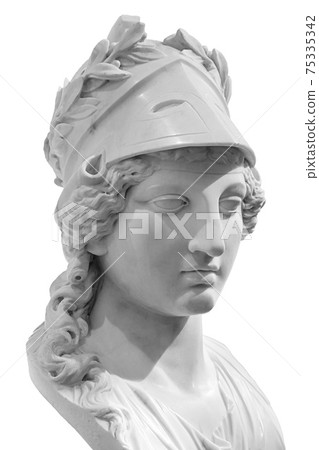 Ancient Greek goddess Athena Pallas statue isolated on white. Marble woman head in helmet sculpture. 75335342
