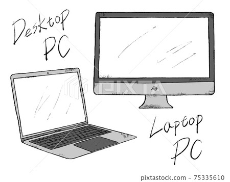 Handwritten illustration image of notebook PC and desktop PC 75335610
