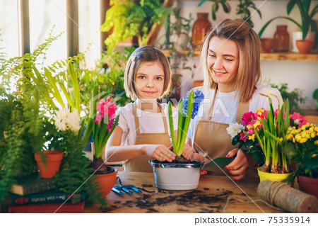 Cute child girl helps her mother to care for plants. Cute child girl helps her mother to care for plants. 75335914