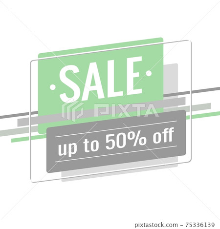 Discount banner template. Text Sale, up to 50% off. Light green, gray rectangles and stripes on a white background. Special offer, promotion, advertising design. Flat style. Vector illustration. Discount banner template. Text Sale, up to 50% off. Light green, gray rectangles and stripes on a white background. Special offer, promotion, advertising design. Flat style. Vector illustration. 75336139