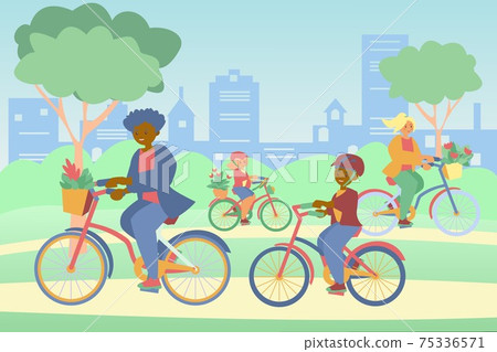 Mother, son and daughter riding bicycles with basket of flowers in park African american woman and boy Vector flat illustration 75336571