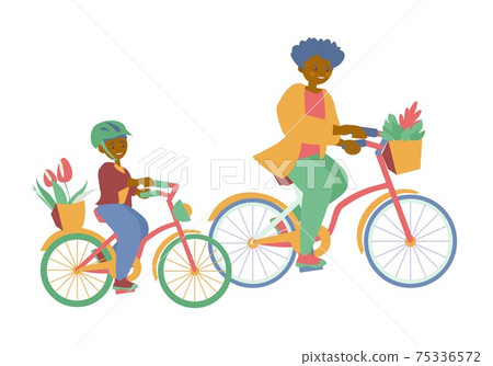 Mother and son riding bicycles with basket of flowers African american woman and boy Mother day card Vector flat illustration 75336572