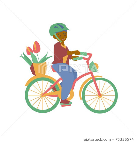 African american boy on bike with basket of flowers Vector flat illustration 75336574