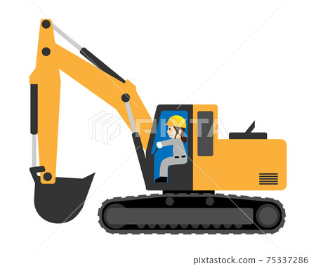 Female worker driving a shovel car (hydraulic excavator) 75337286