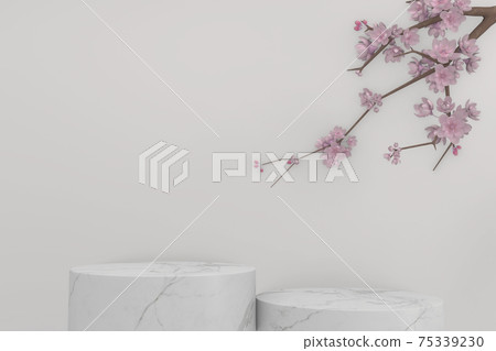Sakura decoration and white granite podium on white background. 3D rendering Sakura decoration and white granite podium on white background. 3D rendering 75339230