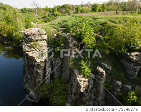 Aerial view to granite Buky Canyon on the Hirskyi Takich river in Ukraine 75340279