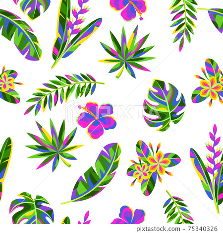 Seamless pattern with tropical flowers and palm leaves. 75340326