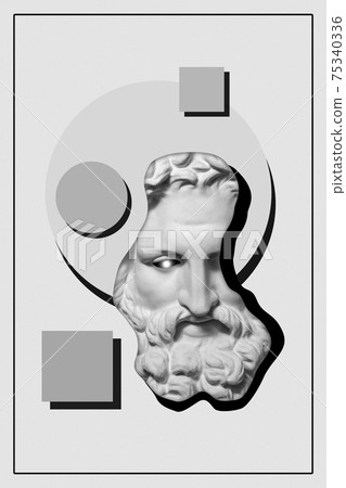 Collage with plaster antique sculpture of human face in a pop art style. Modern creative concept image with ancient statue head. Zine culture. Contemporary art poster. Funky minimalism. Retro design. 75340336