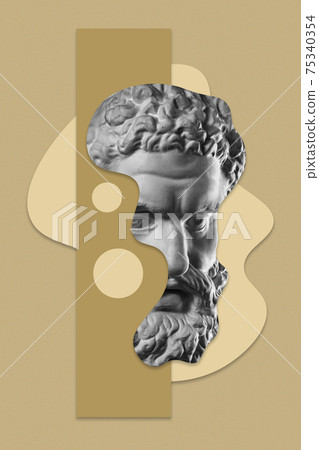Collage with plaster antique sculpture of human face in a pop art style. Modern creative concept image with ancient statue head. Zine culture. Contemporary art poster. Funky minimalism. Retro design. Collage with plaster antique sculpture of human face in a pop art style. Modern creative concept image with ancient statue head. Zine culture. Contemporary art poster. Funky minimalism. Retro design. 75340354
