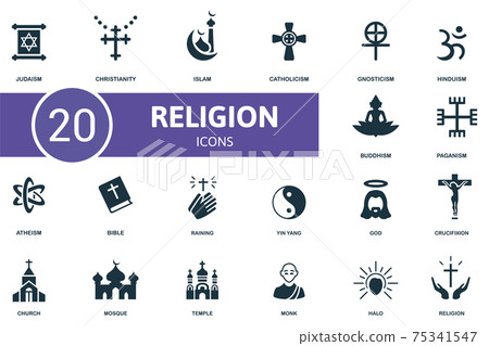 Religion icon set. Contains editable icons religion theme such as christianity, catholicism, hinduism and more. 75341547