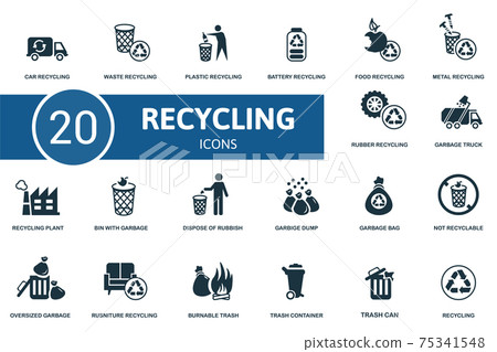 Recycling icon set. Contains editable icons recycling theme such as waste, battery recycling, metal recycling and more. Recycling icon set. Contains editable icons recycling theme such as waste, battery recycling, metal recycling and more. 75341548