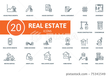 Real Estate icon set. Contains editable icons real estate theme such as house key, rental agreement, apartment and more. Real Estate icon set. Contains editable icons real estate theme such as house key, rental agreement, apartment and more. 75341549