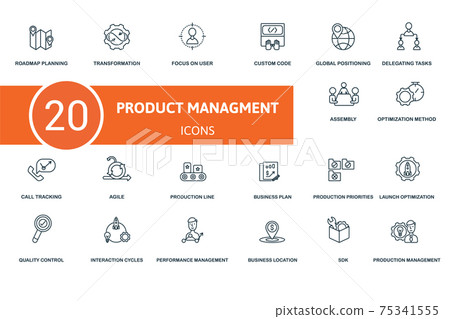 Production Management icon set. Contains editable icons production management theme such as transformation, custom code, delegating tasks and more. 75341555