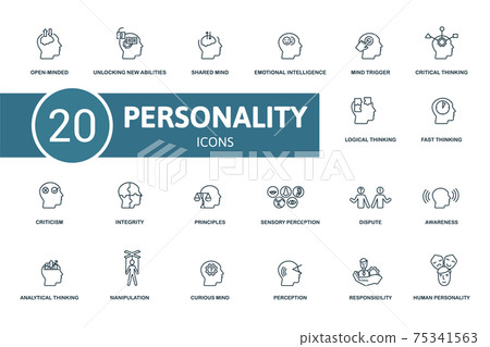 Personality icon set. Contains editable icons personality theme such as unlocking new abilities, emotional intelligence, critical thinking and more. 75341563
