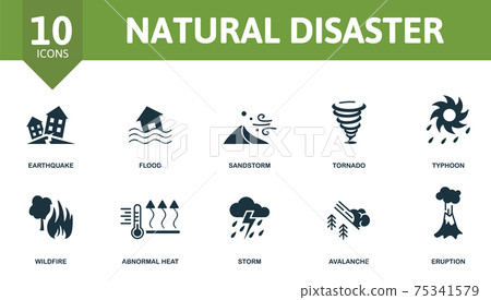 Natural Disaster icon set. Contains editable icons natural disaster theme such as flood, tornado, wildfire and more. 75341579