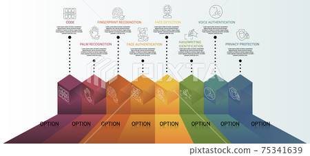 Infographic Authentication template. Icons in different colors. Include Code, Palm Recognotion, Fingerprint Recognotion, Face Authentication and others. Infographic Authentication template. Icons in different colors. Include Code, Palm Recognotion, Fingerprint Recognotion, Face Authentication and others. 75341639