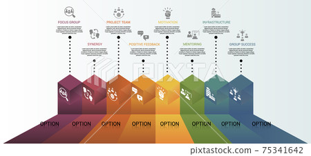 Infographic Team Building template. Icons in different colors. Include Focus Group, Synergy, Project Team, Positive Feedback and others. 75341642