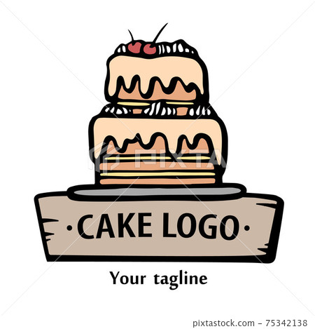 Bakery logo. Hand drawn vector illustration of cake. Cake line emblem 75342138