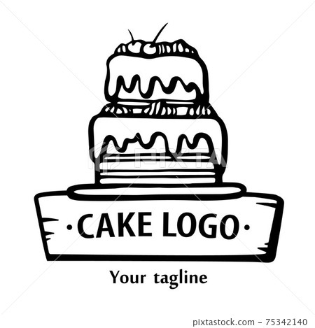 Bakery logo. Hand drawn vector illustration of cake. Cake line emblem 75342140