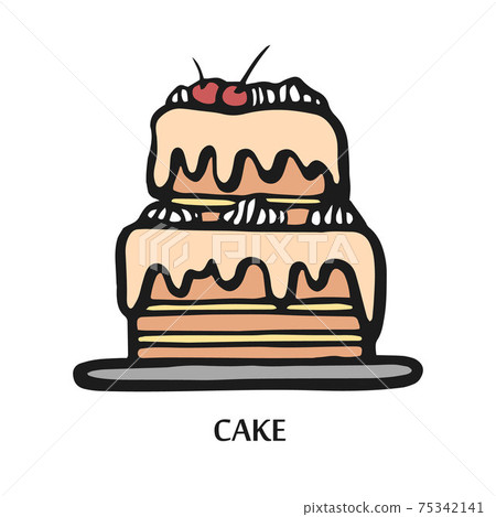 Bakery icon illustration. Hand drawn vector illustration of cake. Cake line emblem 75342141