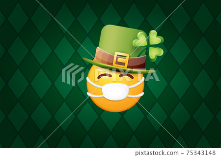 Vector Emoji sticker with mouth medical protection mask and saint Patricks green hat isolated on green horizontal background. Yellow st. Patricks smile face character with hat and white surgeon mask. 75343148