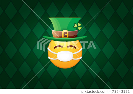 Vector Emoji sticker with mouth medical protection mask and saint Patricks green hat isolated on green horizontal background. Yellow st. Patricks smile face character with hat and white surgeon mask. 75343151