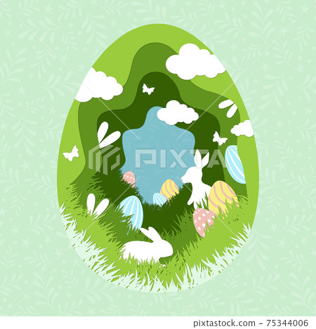 Paper-cut large Easter egg with holiday elements - Vector Paper-cut large Easter egg with holiday elements - Vector 75344006
