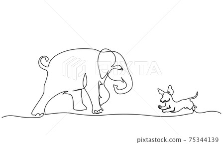 Running baby elephant playing with small dog Dachshund Running baby elephant playing with small dog Dachshund 75344139