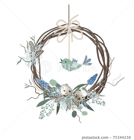 Happy Easter card, wreath in Scandinavian style with colored eggs and bird feathers. Spring decor. Hand drawn vector illustration isolated on white background 75344230