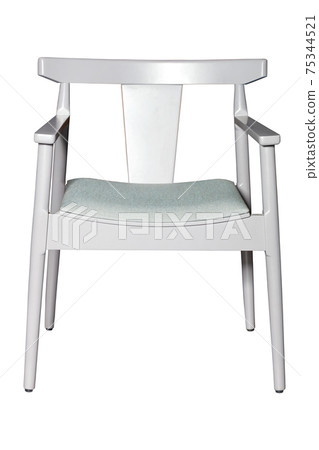 White wooden chair upholstered with cloth seat and comfortable supportive backrest with armrests isolated on white background. 75344521