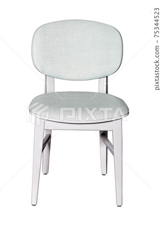 White wooden chair with seat and back upholstered in light fabric, isolated on white background. White wooden chair with seat and back upholstered in light fabric, isolated on white background. 75344523