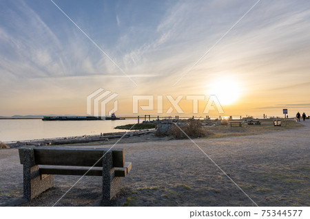 Ship passing Garry Point Park Viewpoint in sunset time. Richmond, BC, Canada 75344577