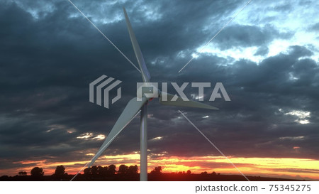 Large wind turbine rotating blades of in field against background of orange sunset on horizon. 3d illustration Large wind turbine rotating blades of in field against background of orange sunset on horizon. 3d illustration 75345275
