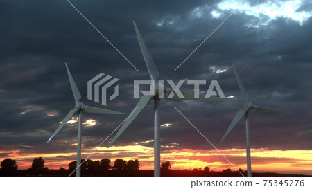 Wind turbine farm on beautiful cloudy sky background. Renewable energy production for green ecological world. 3d illustration Wind turbine farm on beautiful cloudy sky background. Renewable energy production for green ecological world. 3d illustration 75345276