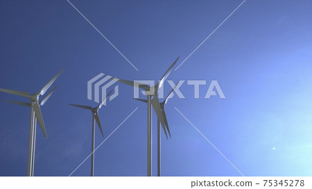 Rotating wind turbines. Green clean energy future concept. Windmill spinning with sun on blue sky. 3d illustration Rotating wind turbines. Green clean energy future concept. Windmill spinning with sun on blue sky. 3d illustration 75345278