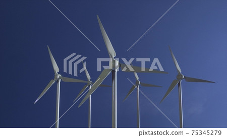Row of wind power generators on blue sky background. 3d illustration Row of wind power generators on blue sky background. 3d illustration 75345279