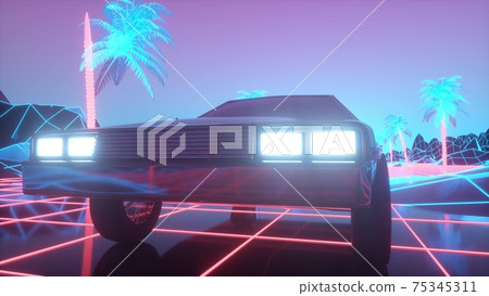 Retro-futuristic 80s style sci-Fi car background. 3d illustration Retro-futuristic 80s style sci-Fi car background. 3d illustration 75345311