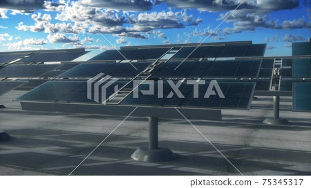 Solar power generation technology. Alternative energy. Solar battery panel modules with blue sky. 3d illustration Solar power generation technology. Alternative energy. Solar battery panel modules with blue sky. 3d illustration 75345317