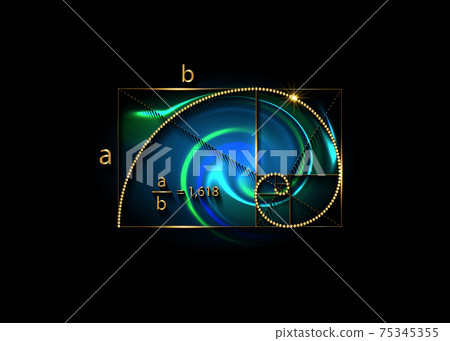 Golden ratio. Fibonacci Sequence number, golden section, divine proportion and shiny gold spiral, geometric spiral made from quarter circles, vector isolated on black and colorful background Golden ratio. Fibonacci Sequence number, golden section, divine proportion and shiny gold spiral, geometric spiral made from quarter circles, vector isolated on black and colorful background 75345355