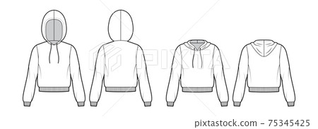 Set of Hoody sweatshirt technical fashion illustration with long sleeves, relax body, knit cuff, banded hem, drawstring 75345425