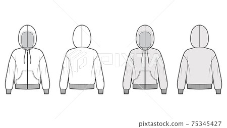 Zip-up Hoody sweatshirt technical fashion illustration with long sleeves, oversized, kangaroo pouch, knit rib cuff, hem Zip-up Hoody sweatshirt technical fashion illustration with long sleeves, oversized, kangaroo pouch, knit rib cuff, hem 75345427