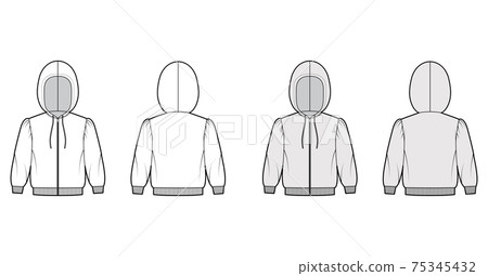 Zip-up Hoody sweatshirt technical fashion illustration with elbow sleeves, relax body, knit cuff, banded hem, drawstring 75345432