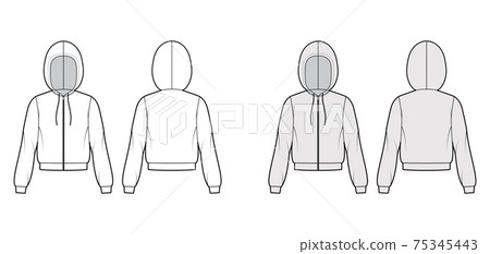 Zip-up Hoody sweatshirt technical fashion illustration with long sleeves, relax body, knit cuff, banded hem, drawstring 75345443