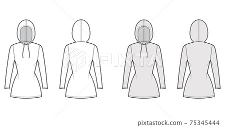 Hoody dress technical fashion illustration with long sleeves, mini length, fitted body, Pencil fullness. Flat apparel 75345444