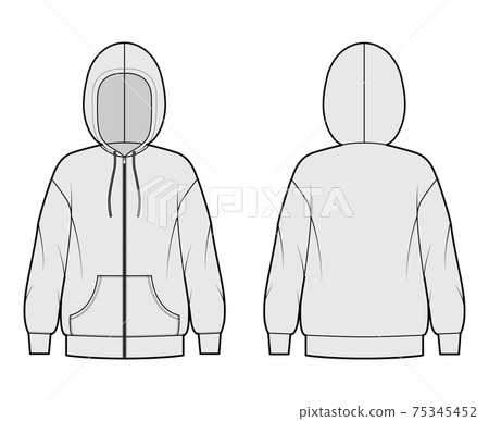 Zip-up Hoody sweatshirt technical fashion illustration with long sleeves, oversized body, kangaroo pouch, banded hem 75345452