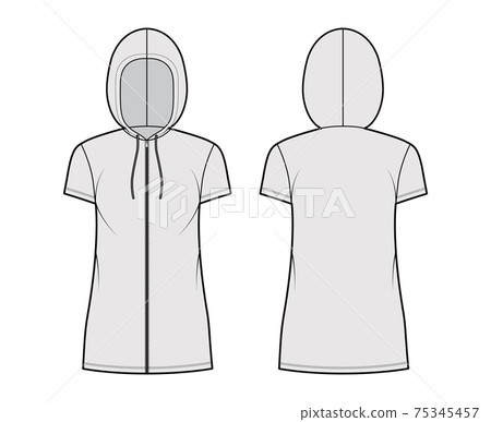 Zip-up Hoody dress technical fashion illustration with short sleeves, mini length, oversized body, Pencil fullness 75345457