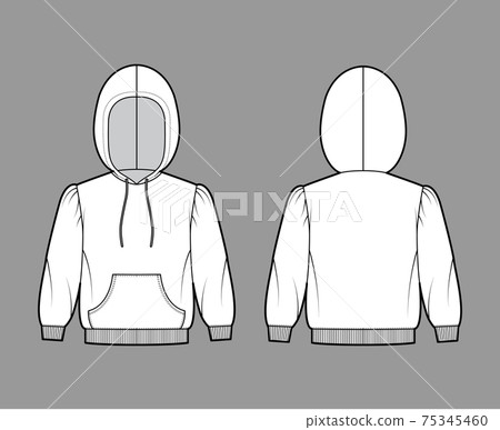 Hoody sweatshirt technical fashion illustration with elbow sleeves, relax body, kangaroo pouch, knit rib cuff drawstring Hoody sweatshirt technical fashion illustration with elbow sleeves, relax body, kangaroo pouch, knit rib cuff drawstring 75345460