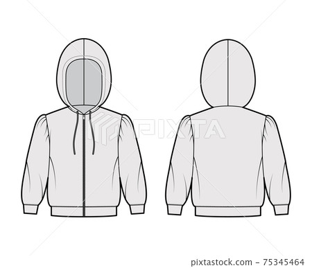 Zip-up Hoody sweatshirt technical fashion illustration with elbow sleeve, relax body, banded hem, drawstring. Flat small 75345464