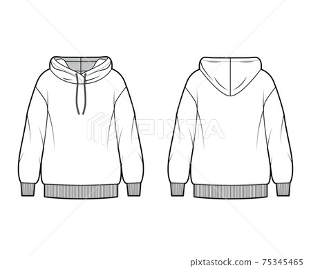 Hoody sweatshirt technical fashion illustration with long sleeves, oversized body, knit rib cuff, banded hem extra large 75345465