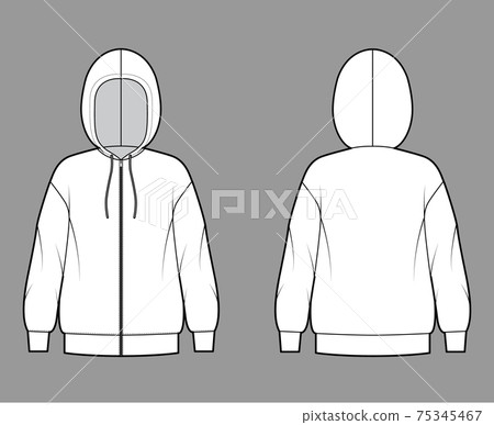 Zip-up Hoody sweatshirt technical fashion illustration with long sleeves, oversized body, drawstring. Flat extra large 75345467